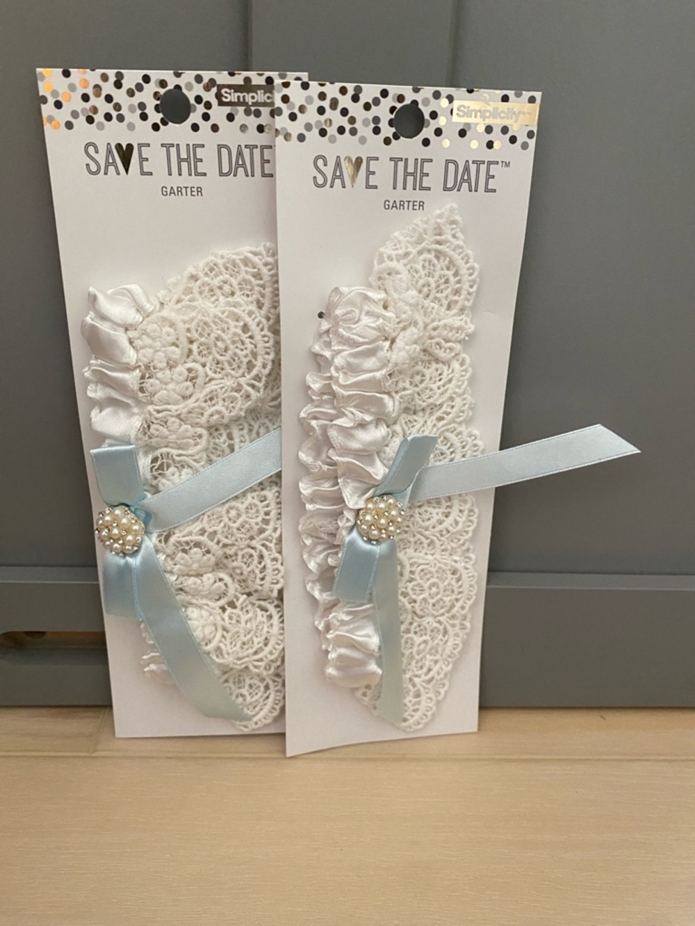💍 White Lace Garter with Light Blue Ribbon